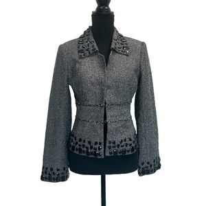 White House Black Market gray tweed black gem jewelled herringbone blazer Sz 4